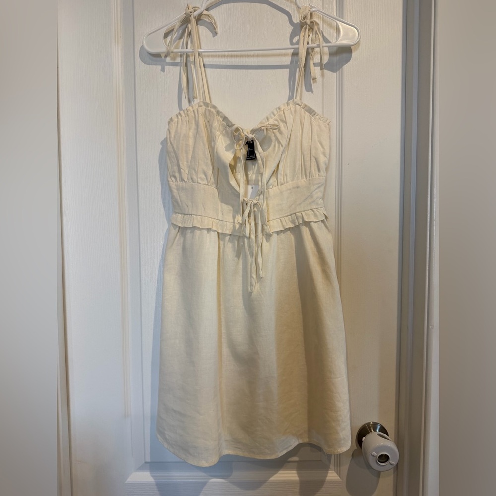 NWT Forever 21 Cream Color Linen Tie-Front Spaghetti Strap Mini Dress - Picture 4 of 9